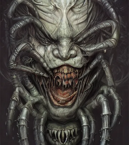 Image similar to giger fractal spider joker by tomasz alen kopera and peter mohrbacher, digital art, trending in artstation, cinematic lighting, studio quality, smooth render, unreal engine 5 rendered, octane rendered, art style by klimt and nixeu and ian sprigger and wlop and krenz cushart.
