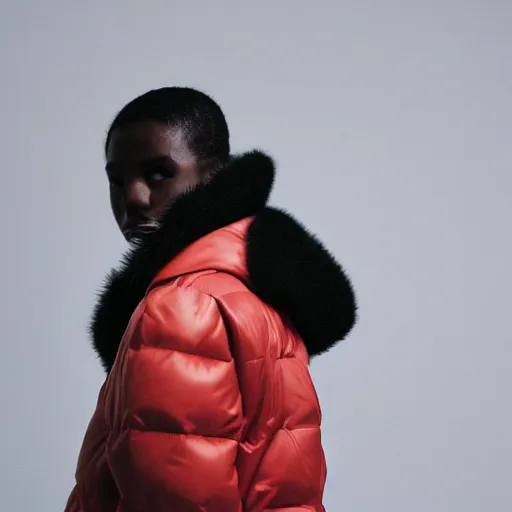 Image similar to realistic photoshooting for a new acne studio lookbook, color film photography, close up, model is wearing a puffer jacket, photo of a woman, photo in style of tyler mitchell, 3 5 mm, vetements, balenciaga, commes des garcon