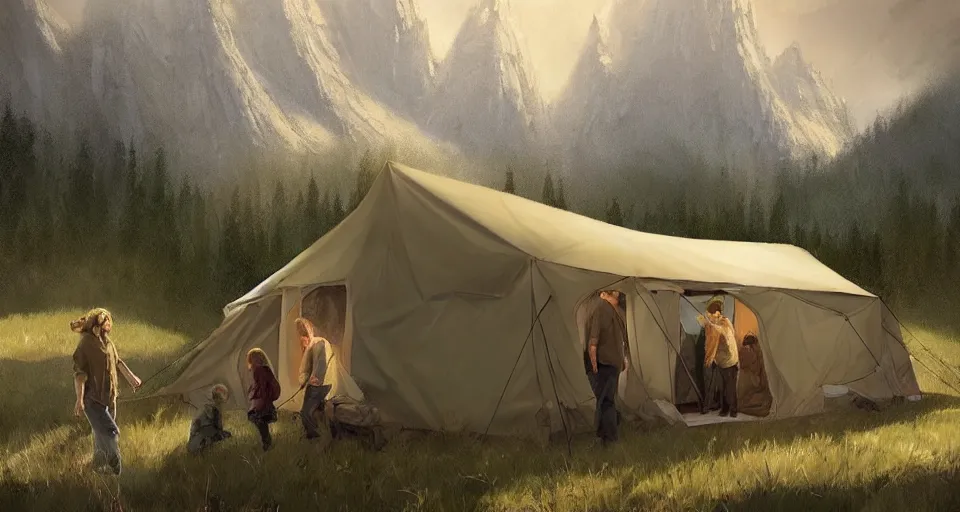 Image similar to cabela's beautiful comfortable modular insulated wall kit - house all weather family dwelling tent house, person in foreground, mountainous forested wilderness open fields, beautiful views, painterly concept art, joanna gaines, environmental concept art, farmhouse, magnolia, concept art illustration, by james gurney, by craig mullins, by greg rutkowski trending on artstation