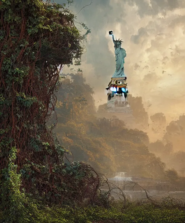 Prompt: highly detailed digital matte painting of an overgrown, abandoned, damaged Lady of Liberty, taken back by nature, vines. Full shot. By Raphael LaCoste and Ruan Jia and Robert McCall, postcyberpunk, geodesic dome, hyperdetailed, sunrise, wide shot, autochrome, octane render