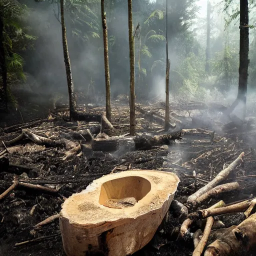 Image similar to pristine porcelain bath filled with bubbles in a clearcut rainforest, slash and burn, cleared forest, deforestation, tree stumps, smouldering charred timber