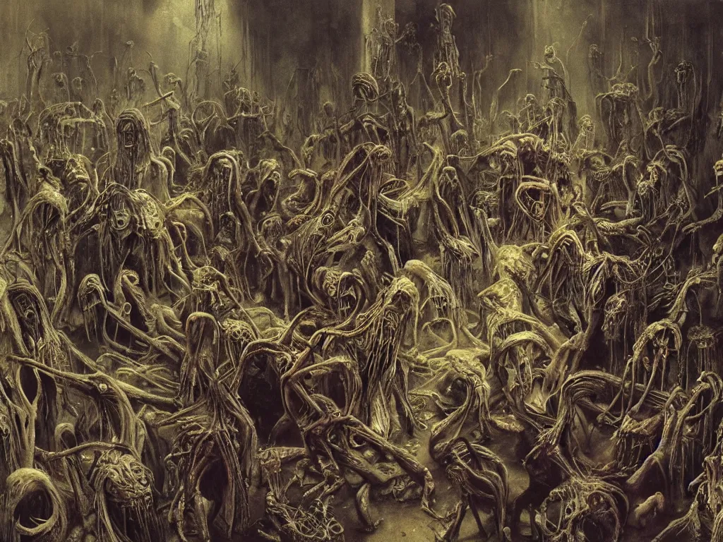 Image similar to an eerie painting of a cacophony of demons sacrificing humans in a grungy derelict georgian manor interior with colourful graffiti on the walls and garbage scattered on the floor, reclaimed by nature by zdzisław beksinski, wayne barlowe, hr giger, luis royo, agostino arrivabene