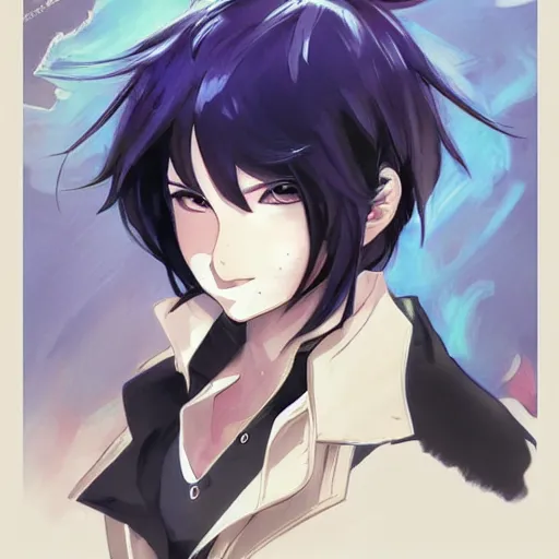 Image similar to small boy with black hair and blue purple eye, school uniform, anime style, hyper detailed, illustration, digital painting, art by artgerm and greg rutkowski and alphonse mucha, high delicate defined details, anime stylized, highly detailed, realistic, sharp focus, symmetrical face