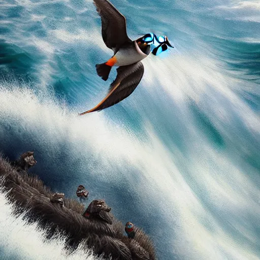 Image similar to puffin surfing, cinematic, cinematic lighting, trending on Artstation, Cgsociety, detailed, 4k, very realistic