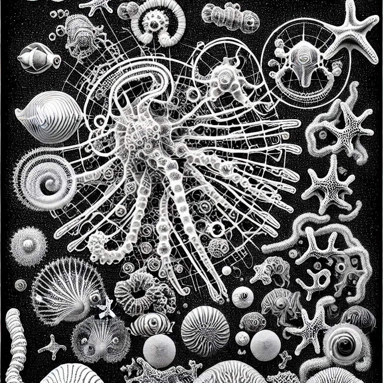 Image similar to a black and white drawing of a variety of sea life and filled with gundam mech equipment space station, a microscopic photo by ernst haeckel, zbrush central, kinetic pointillism, bioluminescence, biomechanical, intricate patterns, photoillustration