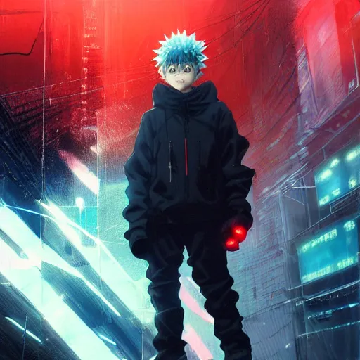 Image similar to killua zoldyck, edgy streetwear, techwear, cyberpunk style outfit, scifi, blue side lighting, detailed portrait, intricate complexity, by greg rutkowski, ross tran, conrad roset, takato yomamoto, ilya kuvshinov. 4 k, beautiful, aesthetic octane render, cinematic dramatic atmosphere