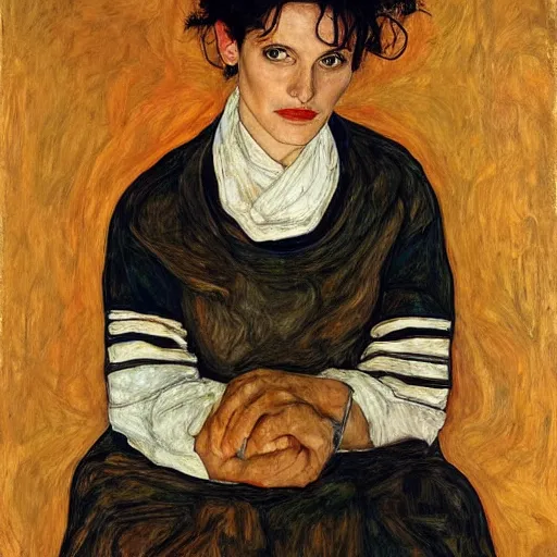 Image similar to Juliette Binoche in a bahay kubo, portrait, oil on canvas, by Egon Schiele