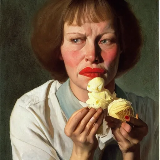 Prompt: Portrait of a woman staring blankly at the viewer while tears stream down her cheeks and she holds an ice cream in her hand, by normal Rockwell.