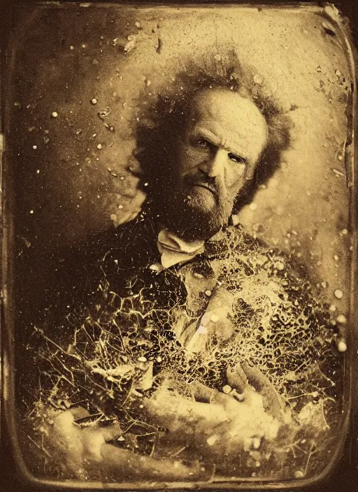 Prompt: old wetplate daguerreotype portrait of the necromancer, explosion of data fragments, fractal, intricate, elegant, highly detailed, parallax, leica, medium format, subsurface scattering, by jheronimus bosch and greg rutkowski and louis jacques mande daguerre