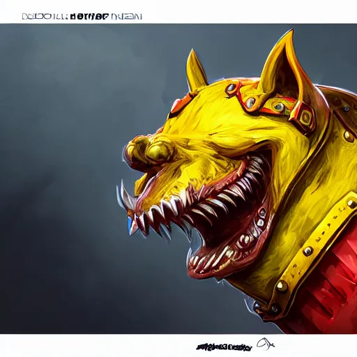 Prompt: digital drawing of a yellow monster dog with iron armor and fangs protruding from its snout, concept art, hyper detailed, global light, painted, yellow and red, low contrast, lowlights, hdr 8 k, by artgerm