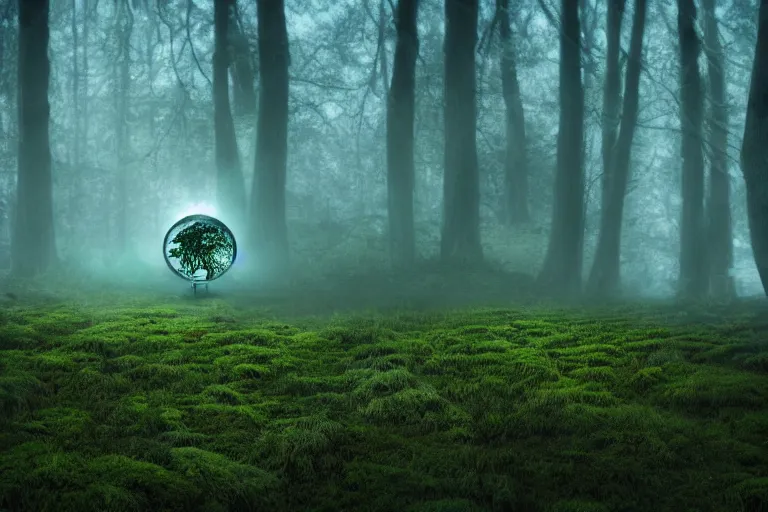 Image similar to a burning human skeleton behind computer overgrown with moss, in foggy forest, at night with moon light, dark atmosphere, fantasy, digital art