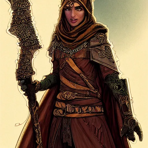 Prompt: Emeth the elven desert bandit. Arabian style. Epic portrait by james gurney and Alfonso mucha (lotr, witcher 3, dnd, dragon age, gladiator, scoia'tael). Practical light armor.