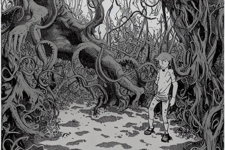 Prompt: young boy entering a huge mysterious and ominious forest with a cthulhu monster in a distant clearing, large path, mushrooms, very graphic illustration by jean giraud and mike mignola, drawing, yoshitaka amano vibe, clean line, colorful comics style, dynamic light