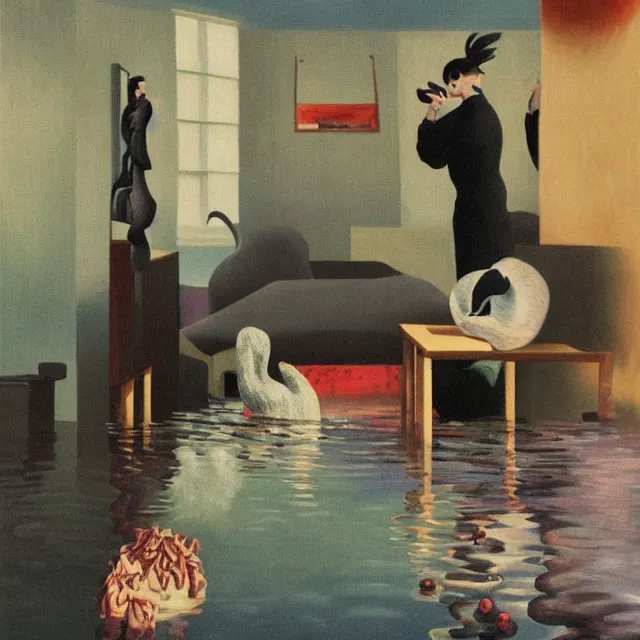 Image similar to tall emo artist in her flooded apartment, painting of flood waters inside an artist's home, a river flooding indoors, pomegranates, pigs, ikebana, zen, water, octopus, river, rapids, waterfall, black swans, canoe, berries, acrylic on canvas, surrealist, by magritte and monet