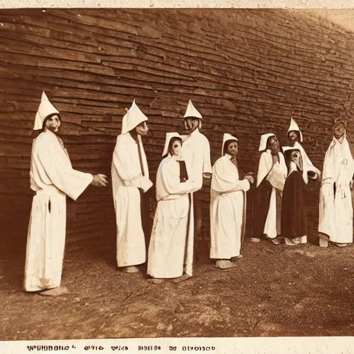 Image similar to worshippers dressed in robes belonging to the cult of the windmill. Dilapidated 1800s windmill. 1800s photo.