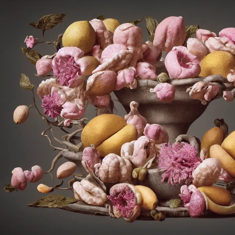 Image similar to still life of rotten flesh, beautiful pastel flowers, human spine, tropical fruit baroque painting, beautiful detailed intricate insanely detailed octane render, 8K artistic photography, photorealistic