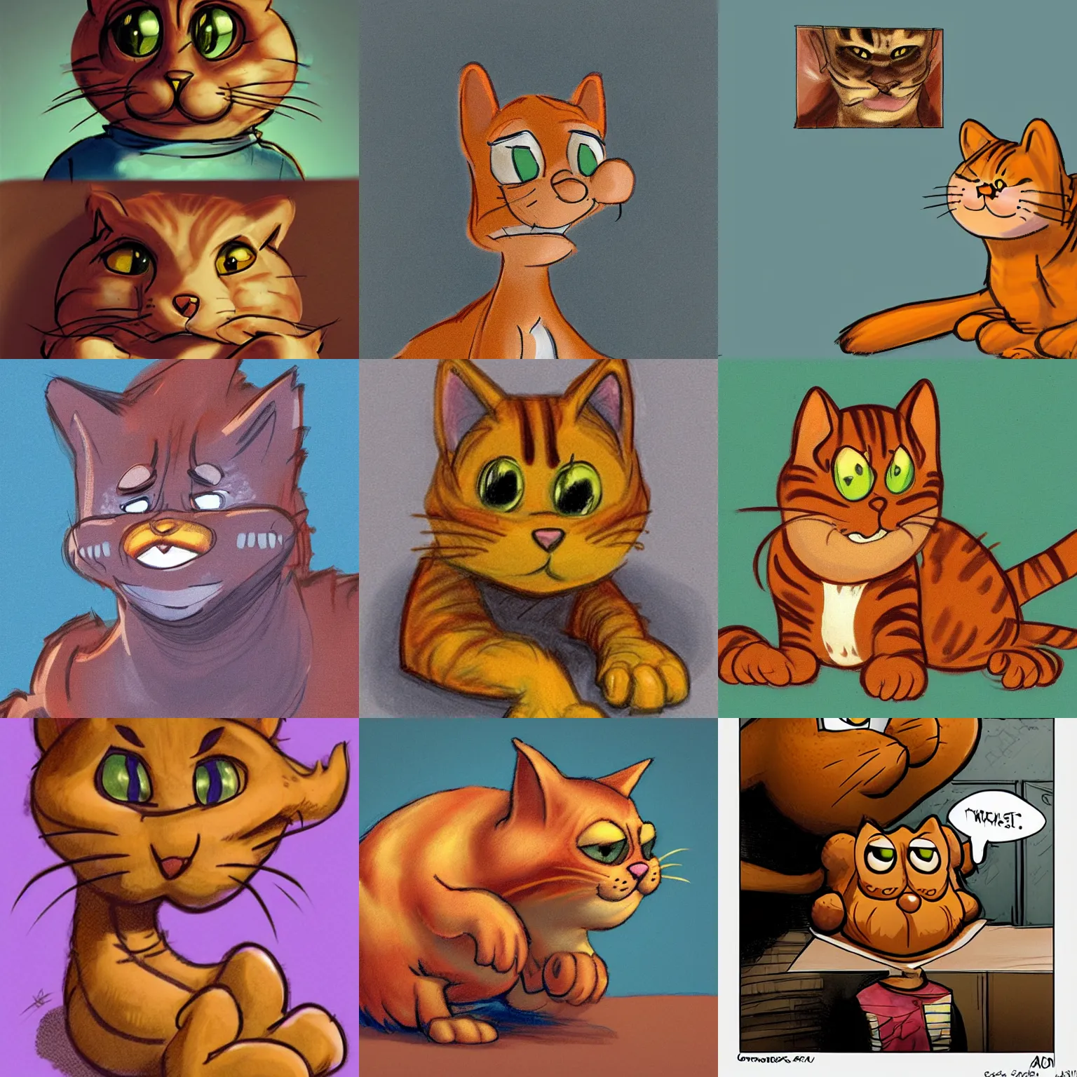 Prompt: concept art of garfield the cat, ugly, disfigured, ultra realistic by adam hughes sharp unfocused garage lighting