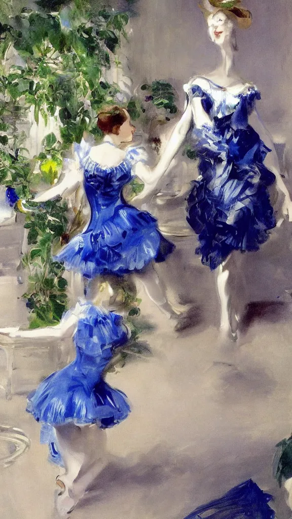 Image similar to a rabbit wear blue dress and dancing in botanical room by john singer sargent, cinematic, detailed