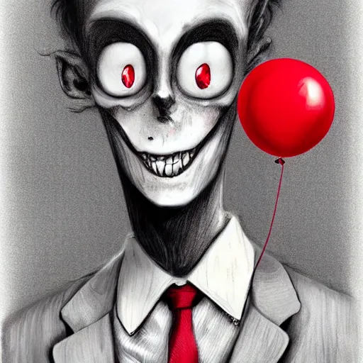 Prompt: surrealism grunge cartoon portrait sketch of slender man with a wide smile and a red balloon by - michael karcz, loony toons style, corpse bride style, horror theme, detailed, elegant, intricate