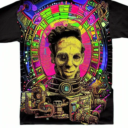 Image similar to mockup of a black tshirt with a hyperdetailed portrait of a steampunk robot by robert crumb, 8 k, symetrical, flourescent colors, happy trippy mood, multicolored,