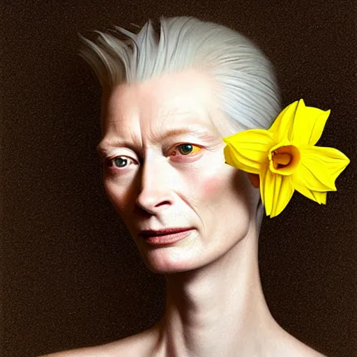 Prompt: medium shot, tilda swinton face fused with daffodil, inside the flower, daffodils, highly detailed, unreal engine, 3 d art, digital art, painting by greg rutkowski