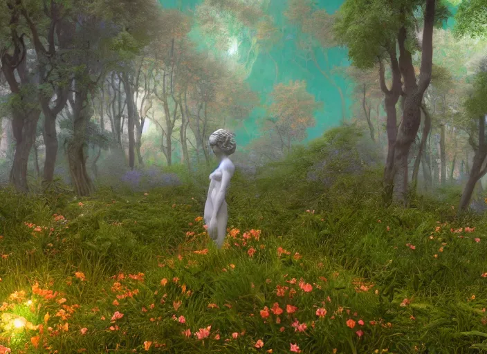 Prompt: idealistic marble statues with fractal flowery hair, seen from behind, in a magical forest, painted by, mc escher, gordon onslow ford, georgia o'keeffe and ivan aivazovsky, cinematic light, god rays, colourful, unreal engine, zbrush central,