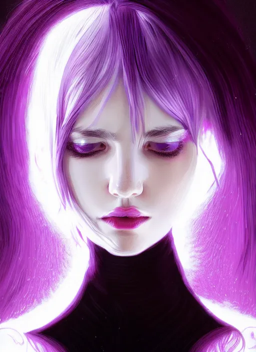 Image similar to portrait of teenage girl with white bangs, red irises, bangs, black and white hair, purple clothes, white bangs, two color hair, black hair and white bangs, intricate, elegant, glowing lights, highly detailed, digital painting, artstation, concept art, smooth, sharp focus, illustration, art by wlop, mars ravelo and greg rutkowski