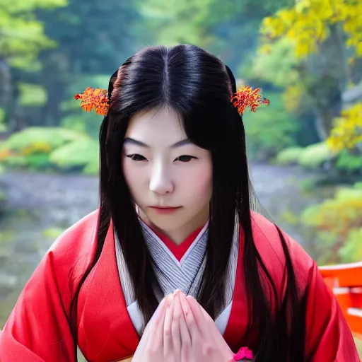 Prompt: face photo of a japanese shrine maiden, young beautiful woman, award winning photo, stunning scenery, high definition, 8 k, dynamic lighting