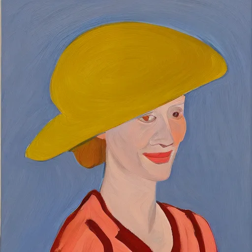 Image similar to woman with hat, by Alex Katz, colorful, friendly, oil on canvas