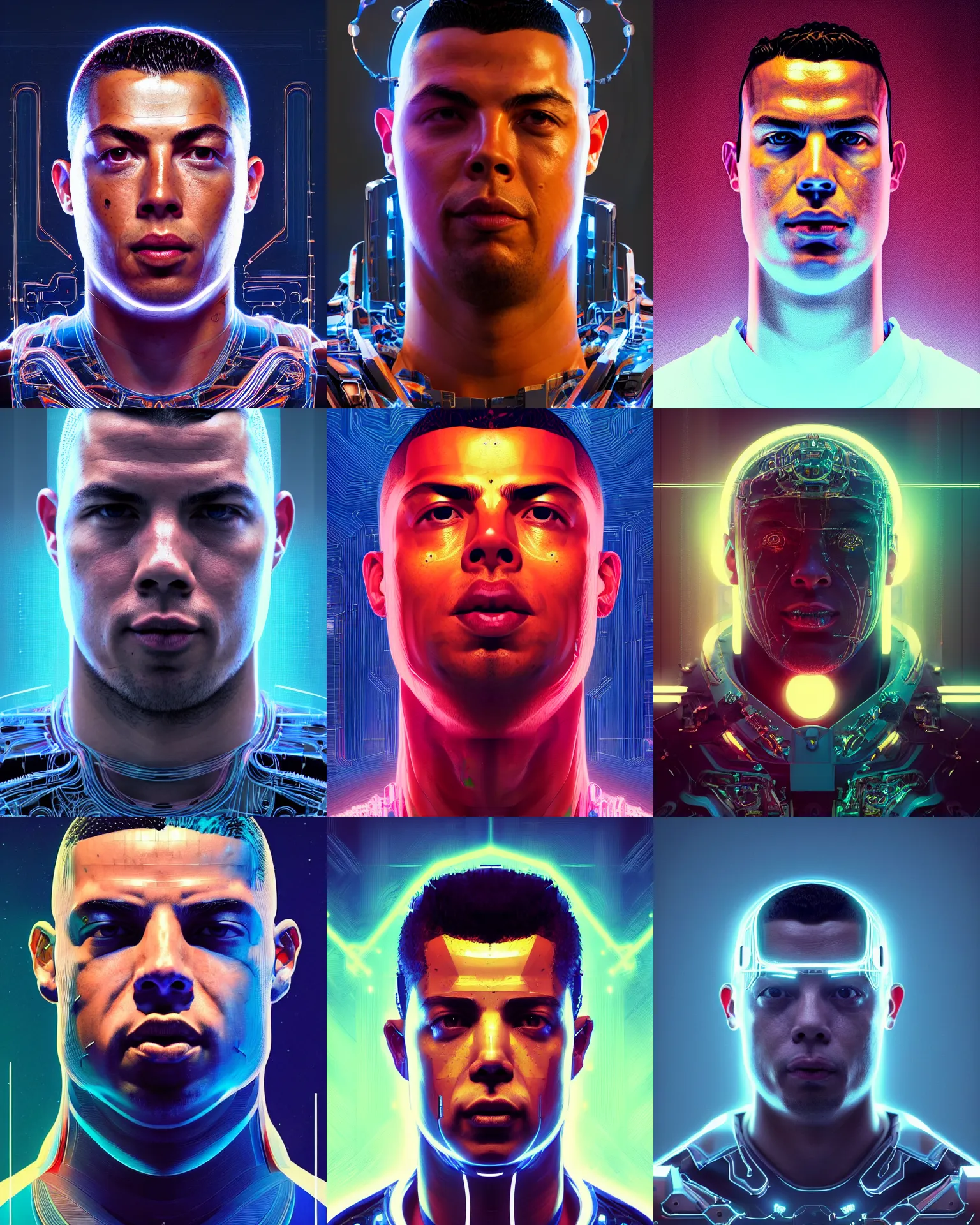 Prompt: portrait of a ronaldo nazario as a cyborg. intricate abstract. intricate artwork. by tooth wu, wlop, beeple, dan mumford. octane render, trending on artstation, greg rutkowski very coherent symmetrical artwork. cinematic, hyper realism, high detail, octane render, 8 k, iridescent accents