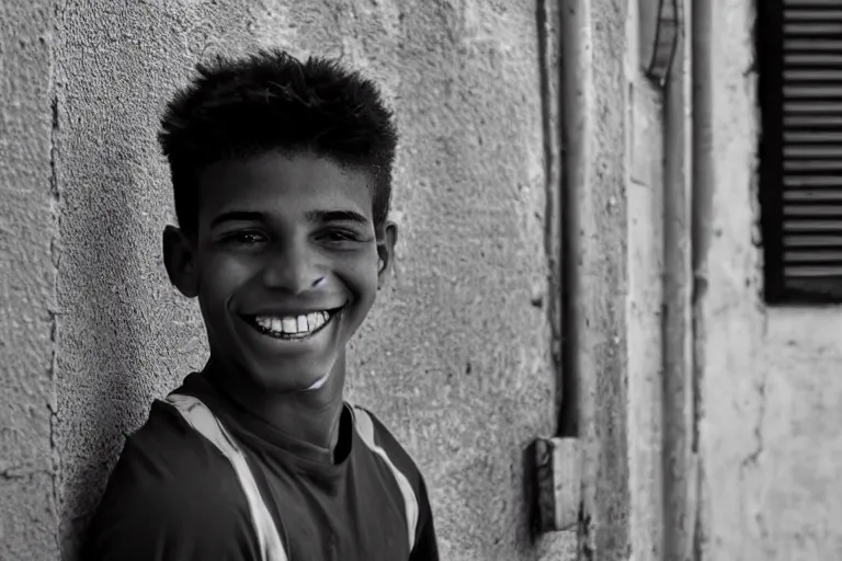 Image similar to still photo of a cuban teenage boy smiling at the camera on the street, black and white color aesthetic, highly detailed, photorealistic portrait, bright studio setting, studio lighting, crisp quality and light reflections, unreal engine 5 quality render