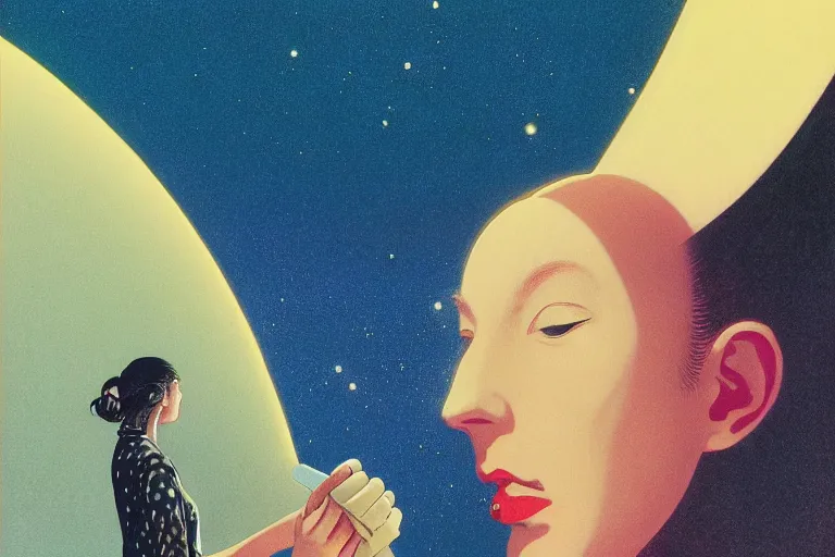 Prompt: a scifi closeup portrait of a young british woman licking a blotter paper of LSD acid on his tongue and dreaming psychedelic hallucinations in cosmos, by kawase hasui, moebius, Edward Hopper and James Gilleard, Zdzislaw Beksinski, Steven Outram colorful flat surreal design, hd, 8k, artstation