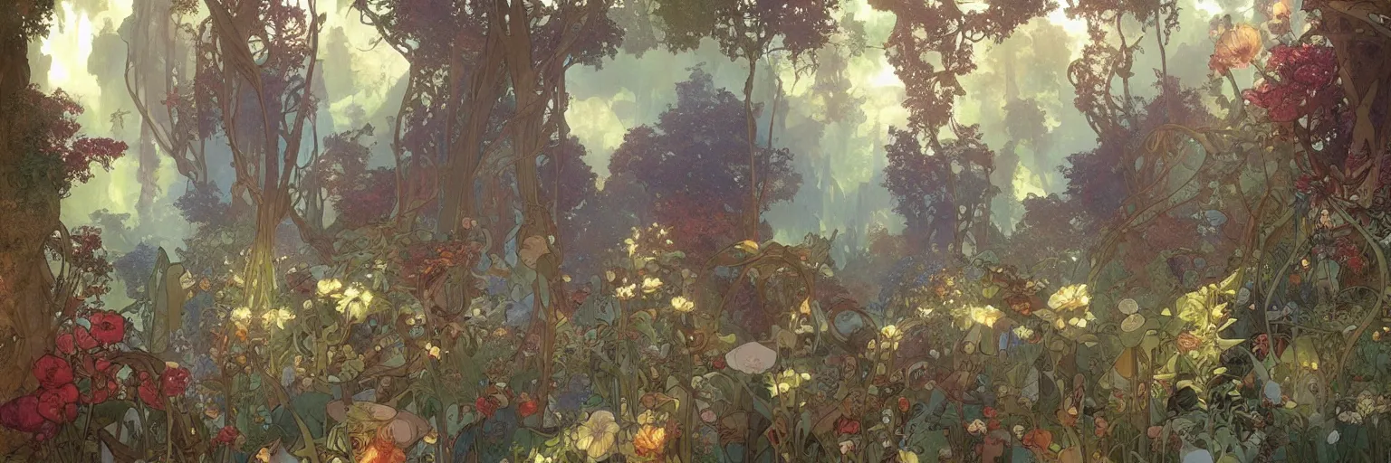 Image similar to A beautiful painting of a utopian garden and forest steampunk landscape by Alfons Maria Mucha and Julie Dillon and Makoto Shinkai