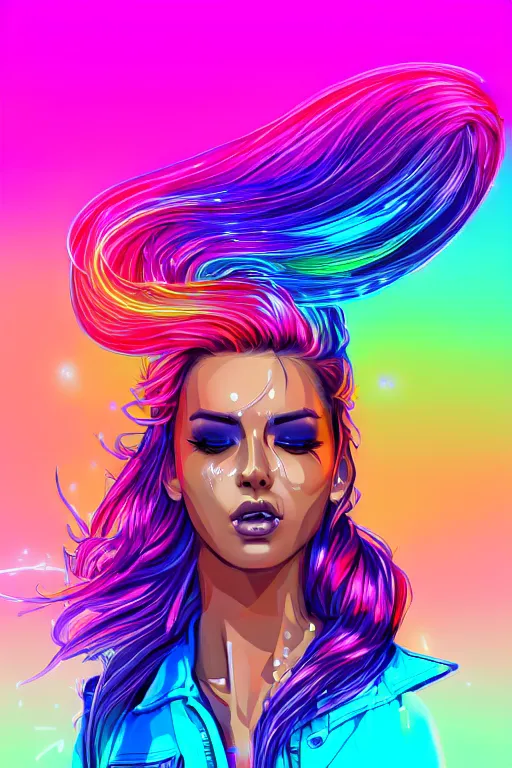 Image similar to a award winning half body portrait of a beautiful woman with stunning eyes in a croptop and cargo pants with rainbow colored ombre hairstyle head in motion and hair flying by thomas danthony, outlined by whirling illuminated neon lines, outrun, vaporware, shaded flat illustration, digital art, trending on artstation, highly detailed, fine detail, intricate