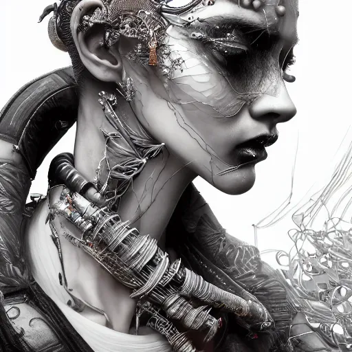 Image similar to the portrait of an absurdly beautiful, graceful, elegant, sophisticated, fashionable cyberpunk gravure idol, an ultrafine hyperdetailed illustration by kim jung gi, irakli nadar, hong june hyung, intricate linework, bright colors, porcelain skin, mixed metals, unreal engine 5 highly rendered, global illumination, radiant light, detailed and intricate environment