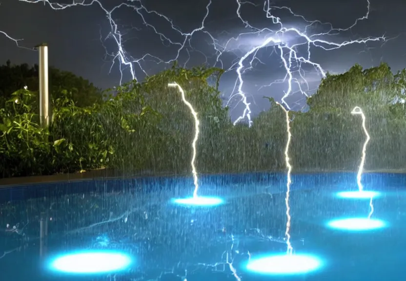 Prompt: pool of electrified water, electrical hazard, harvesting plant for lightning in a bottle.