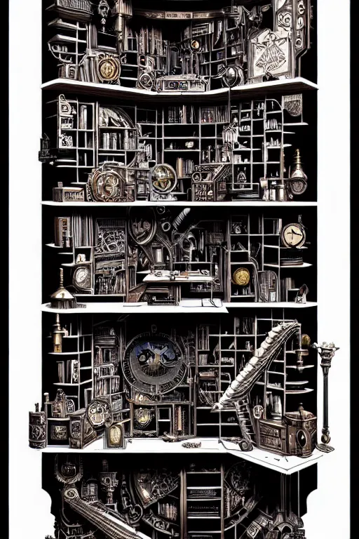 Image similar to a majestic steampunk alchemists bookshelf, two point perspective, furniture, high details, bold line art, by vincent di fate and joe fenton, inking, etching, screen print, masterpiece, trending on artstation, sharp, high contrast, hyper - detailed,, hd, 4 k, 8 k