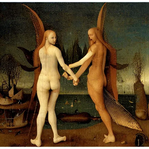 Prompt: Two mermaids fist-bumping in victory, their fistbump backlit by crepuscular rays. Google gigapixel scan of highly detailed oil painting by Hieronymus Bosch