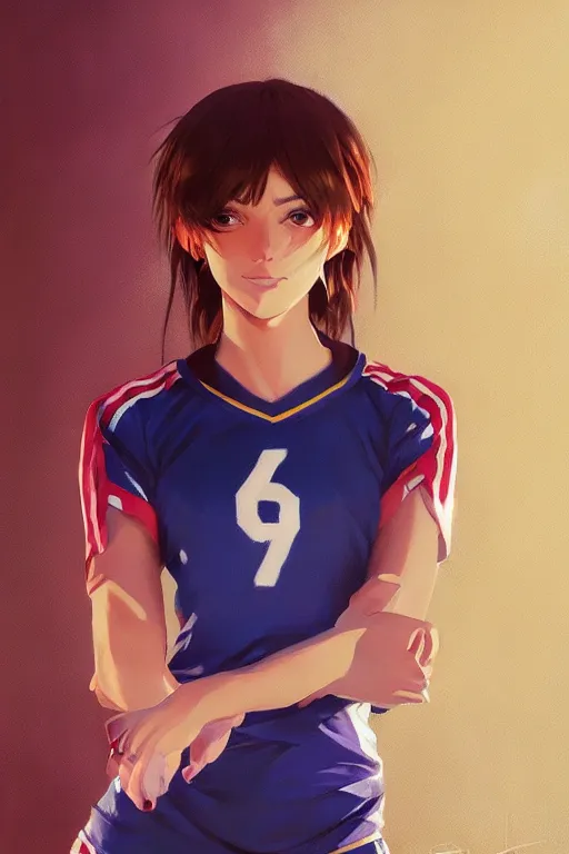 Image similar to A ultradetailed beautiful panting of a stylish girl wearing a volleyball jersey, Oil painting, by Ilya Kuvshinov, Greg Rutkowski and Makoto Shinkai