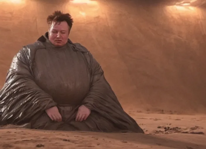 Image similar to elon musk as baron harkonnen in a black oil bath, Dune, Denis Villeneuve, film look