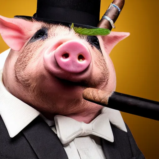 Prompt: a pig wearing a suit and a monocle, smoking a cigar, hyper realistic, 8k, portrait photography