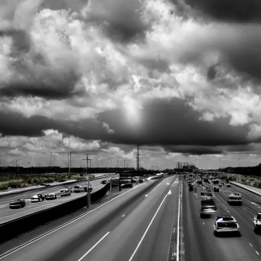 Image similar to photo, 5 0 mm, interstate traffic jam, scattered clouds, midday sun,