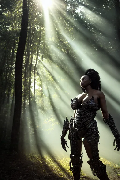 Image similar to hyperrealistic long shot mithra gorgeous black woman intricate exoskeleton bone armor in a forest sun behind her god rays highly detailed concept art eric zener elson peter cinematic low angle hd 8k sharp rack focus