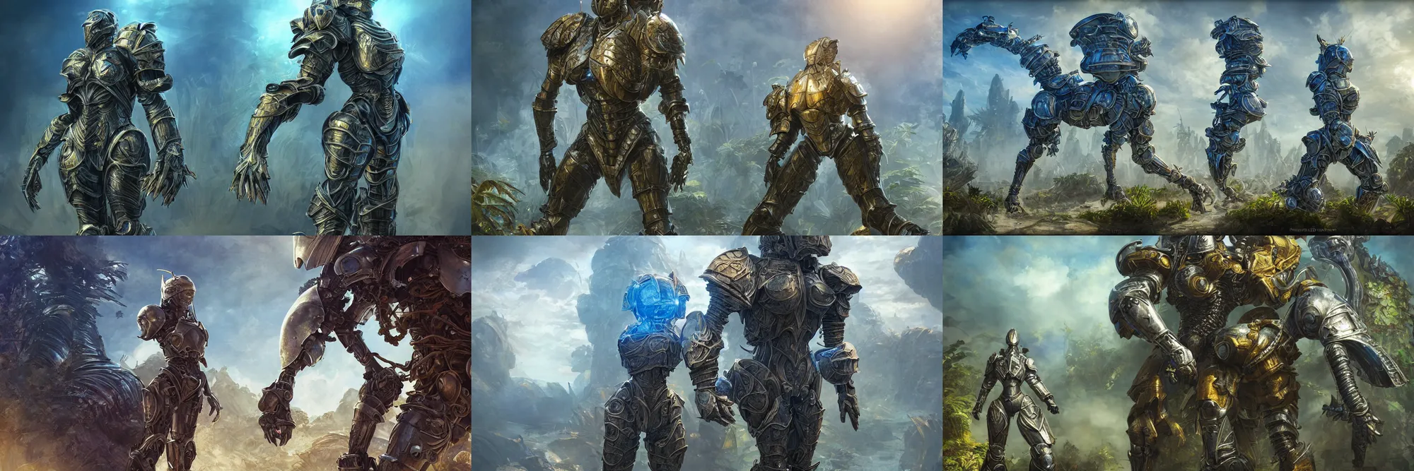 Prompt: a Big and strong full armored female knight in a high tech botanical world with blue skies | style of boris vallejo, vincent callebaut, dramatic light | high detail | cinematic lighting | pristine metals, glass, plants | solarpunk | golden hour | volumetric lighting | concept art |