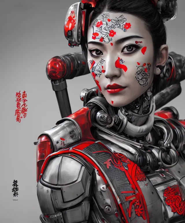 Image similar to an epic fantastic realism comic book style portrait painting of a japanese robotic geisha with kanji tattoos and decals, apex legends, octane render, intricate detail, 4 k hd, unreal engine 5