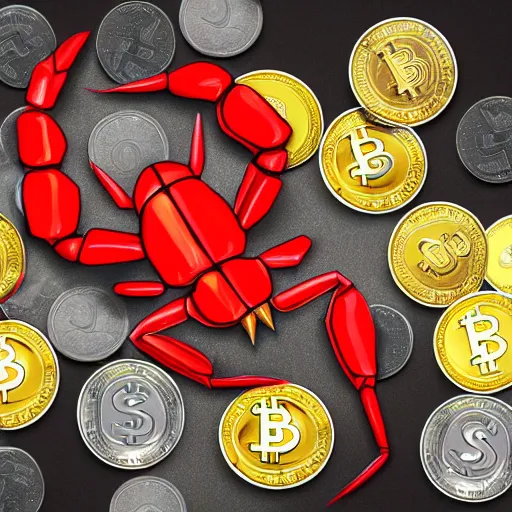 Image similar to photography of a realistic a very detailed red scorpion with yellow tail on top of cryptocurrency coins of different colors, some gems, a few diamonds animal, ultra detailed, 8 k, cinematic lighting, natural background, trending on artstation, pokemon