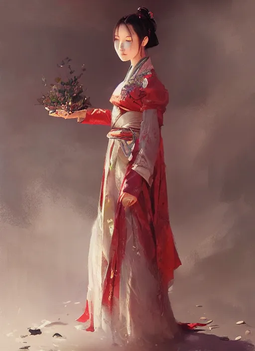 Image similar to oil painting girl wearing hanfu, herb rose, by greg rutkowski, artstation