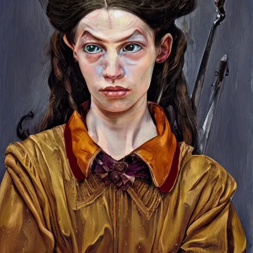 Prompt: high quality high detail portrait of a young gorgeous female warlock, fantasy, d & d, painting by lucian freud, hd