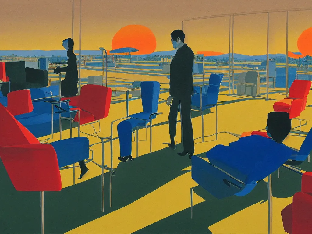 Prompt: sun setting in a airport lounge. tall, spacious, couple watching landed airplane. painting by david hockney