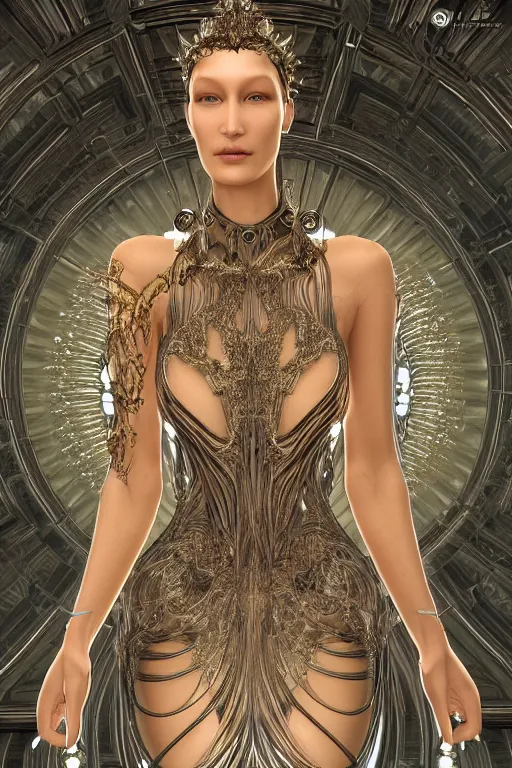 Image similar to a highly detailed portrait of a beautiful ancient alien matrix woman goddess bella hadid in iris van herpen dress in diamonds and fractals in style of alphonse mucha art nuvo dmt trending on artstation made in unreal engine 4